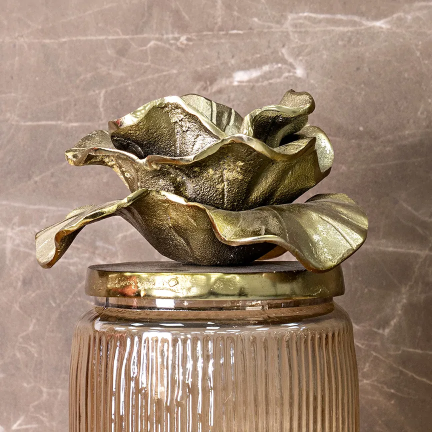 Aurum Deco jar with leaf lid gold luster glass 14x14x30 cm thumbnail 3