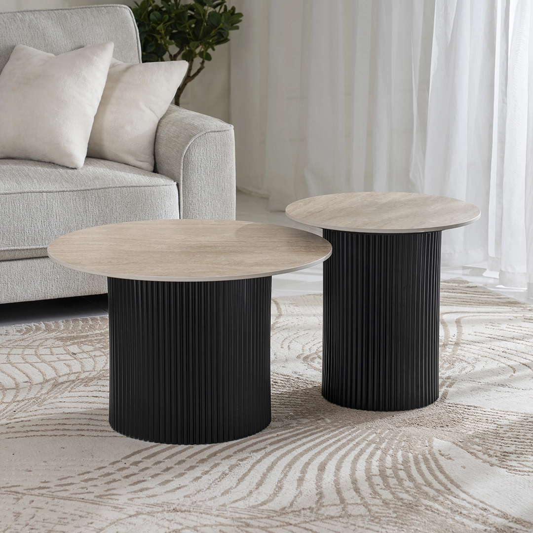 Tristan Coffee Table Set of 2 -Travertine/Black thumbnail 2